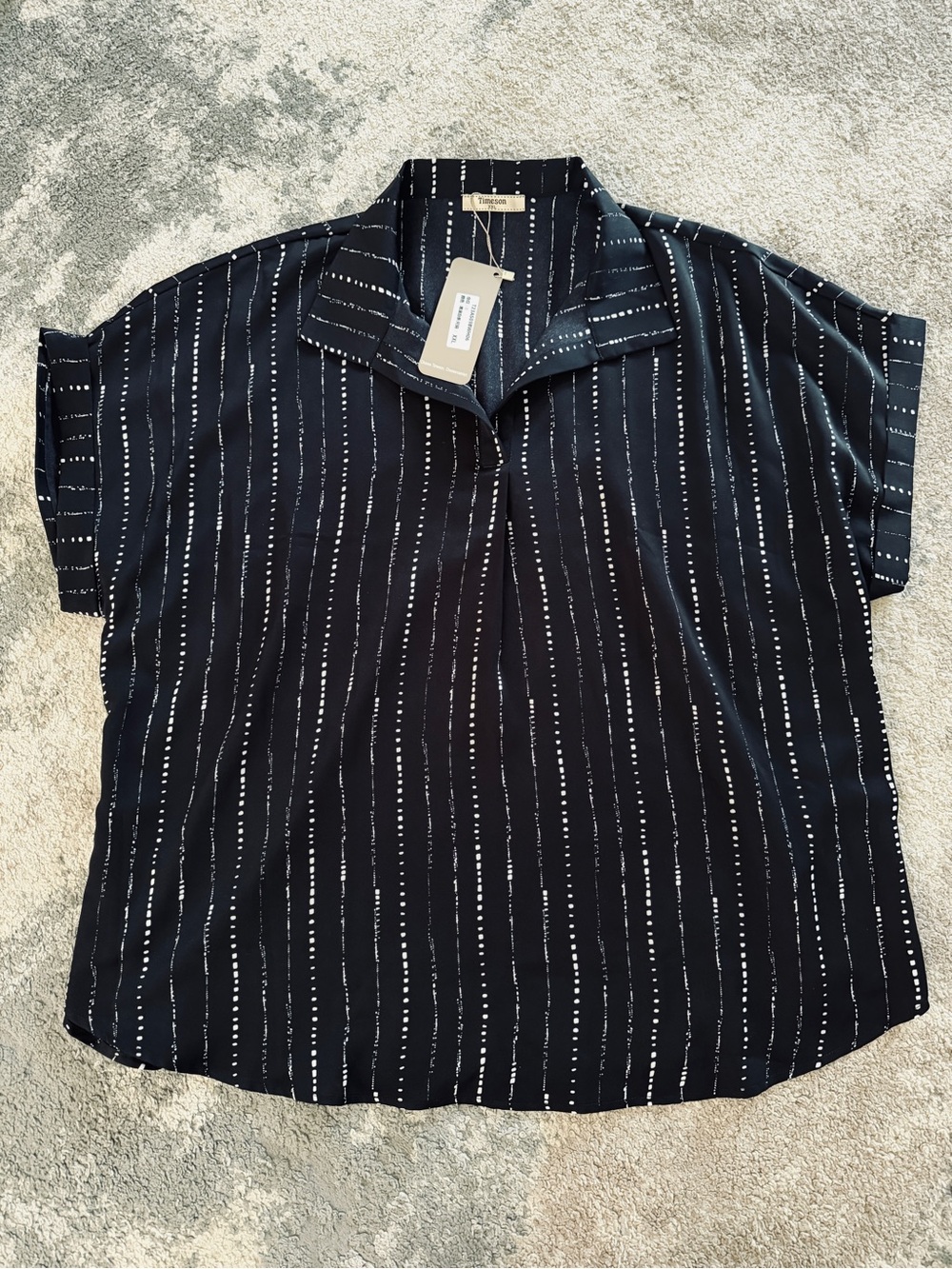 Relaxed Short-Sleeve Button-Down Top in Black with White Stripe